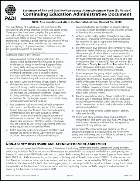 Continuing Education Liability Release Document